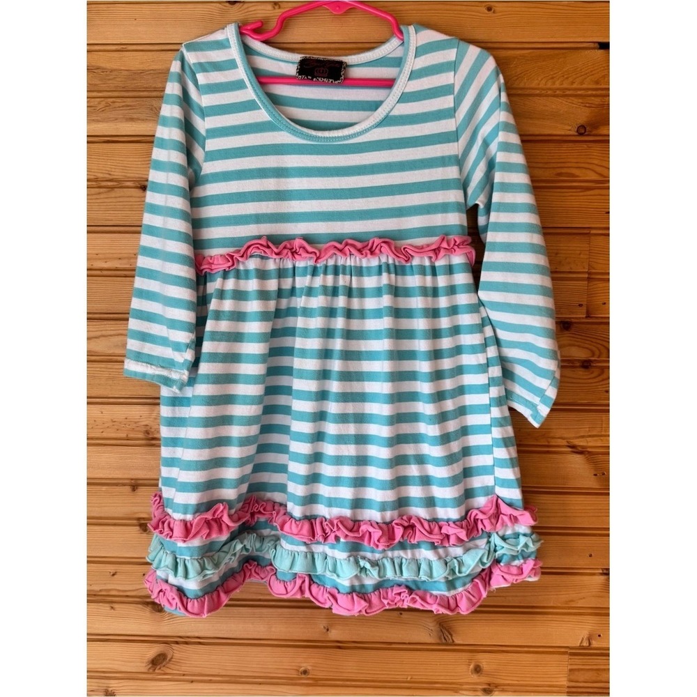 Royals Gem Dress Aqua Stripe Ruffle Pink Accents Girls 120/6X Cotton